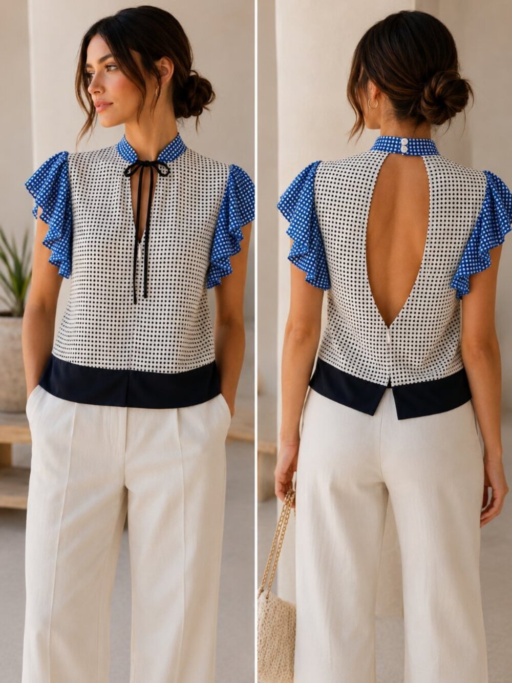 Katherine Kidd Silk Feel Polka Dot Flutter Sleeve Open Back Blouse